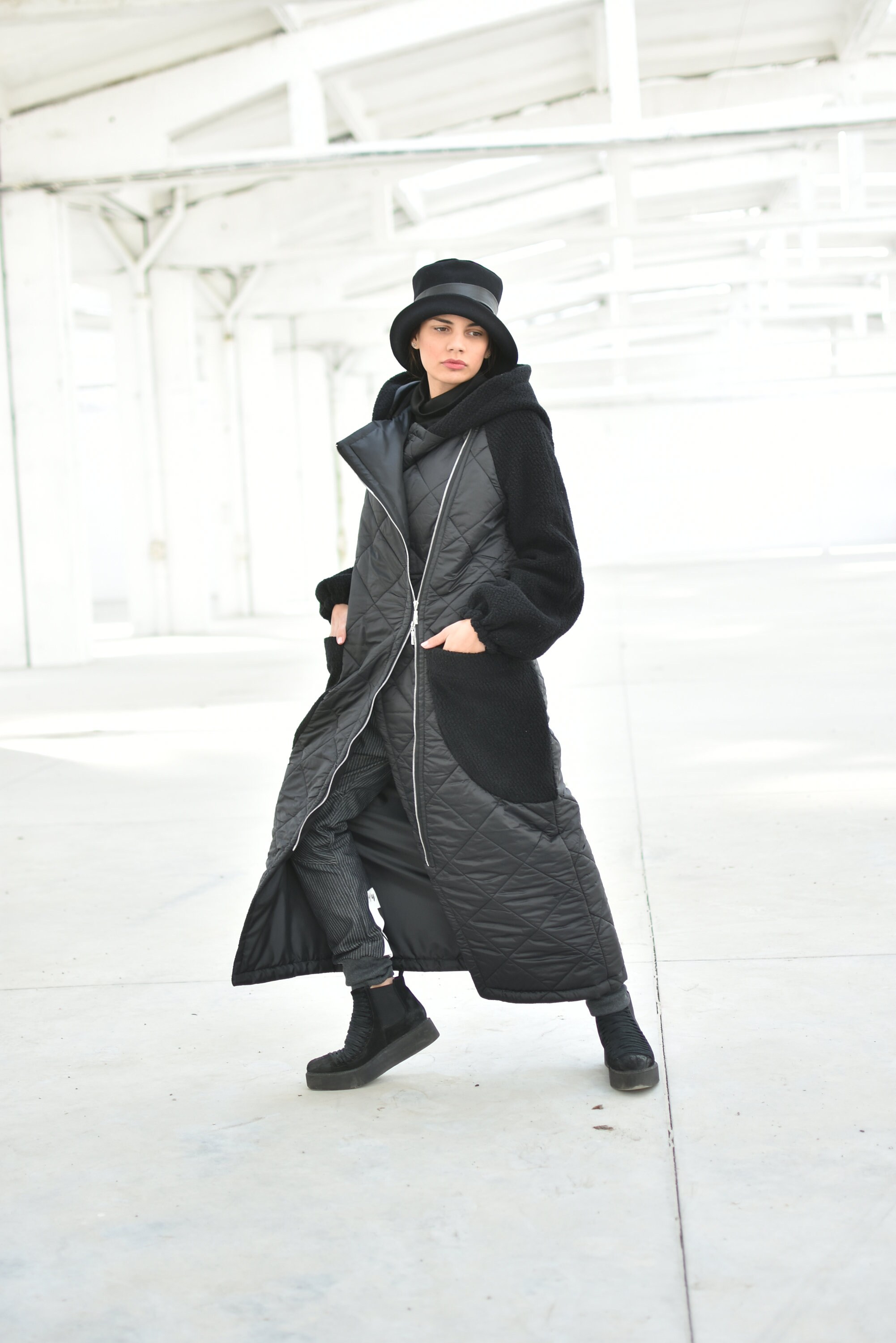 Black Quilt Coat, Hooded Cyberpunk Winter Jacket, Avant Garde