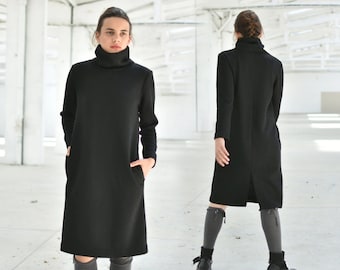 Black Wool Dress, Wool Turtleneck Dress, Elegant Warm Dress, Goth Dress, Plus Size Clothing, Midi Winter Dress, Minimalist Dress, High Neck