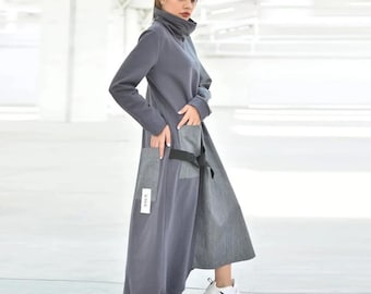 Grey Denim Maxi Funnel Neck Dress, Extravagant Two Color Sweater Dress, Avant Garde Oversized Asymmetric Hem Dress, Futuristic Clothing