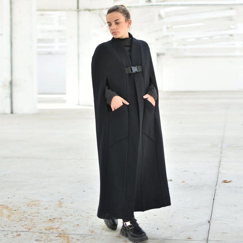 Long Black Cloak Coat With Pockets, Merino Wool Coat, Boucle Winter Maxi Coat, Elegant Wool Cape Coat, Women Gothic Coat, Loose Fit Overcoat image 2