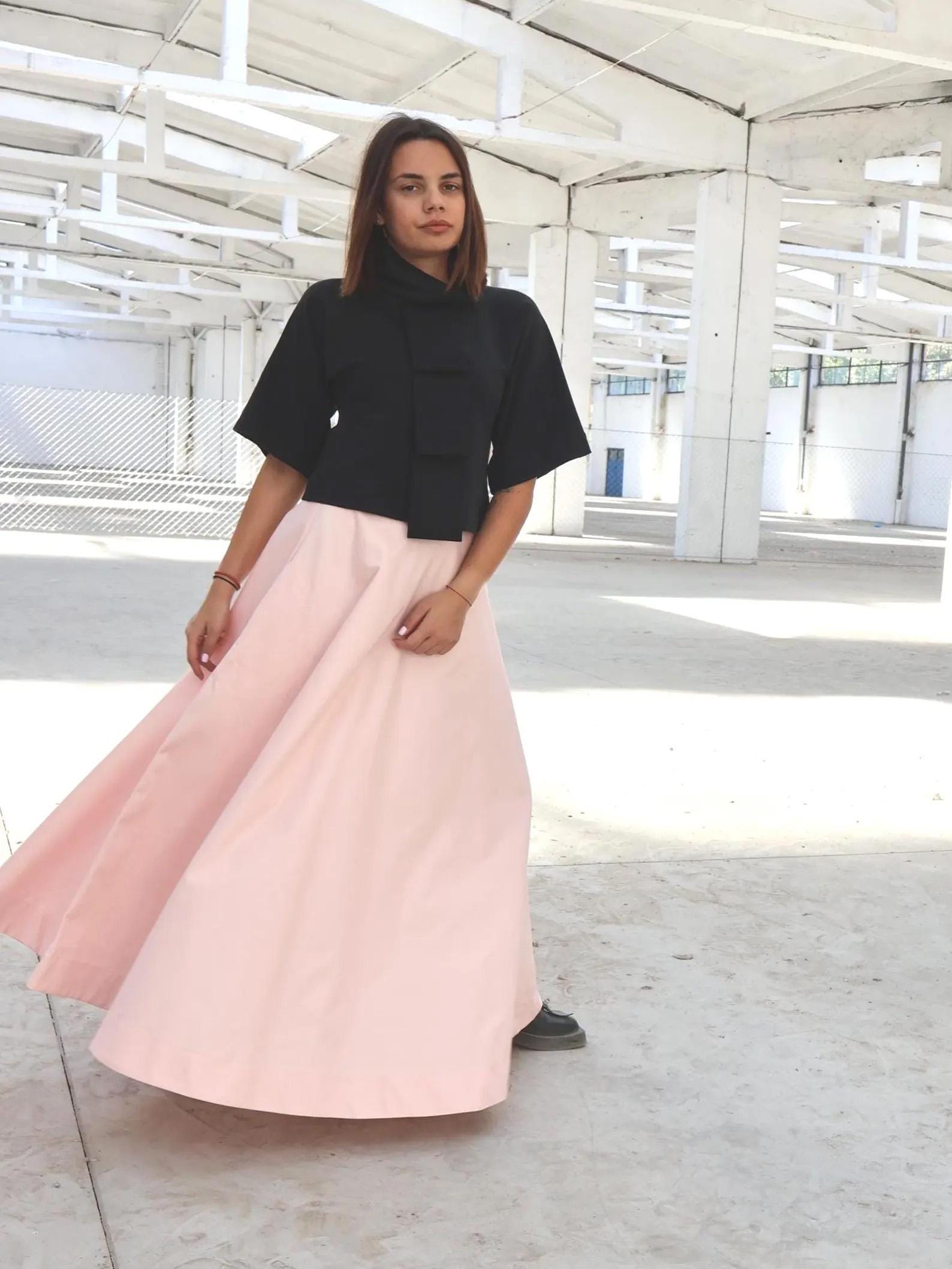 Beige High Waist Flare Maxi Skirt With Pockets, Long A-line