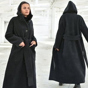 Long Black Wool Coat, Thick Warm Winter Maxi Coat, Hooded Coat, Heavy Wool Overcoat, Gothic Victorian Coat, Plus Size Cyberpunk Longcoat