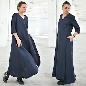 Abito lungo avvolgente in lino, abito modesto Prairie, lino taglie forti, elegante abito blu navy, abito ampio in lino, abito svasato autunnale ed estivo da donna