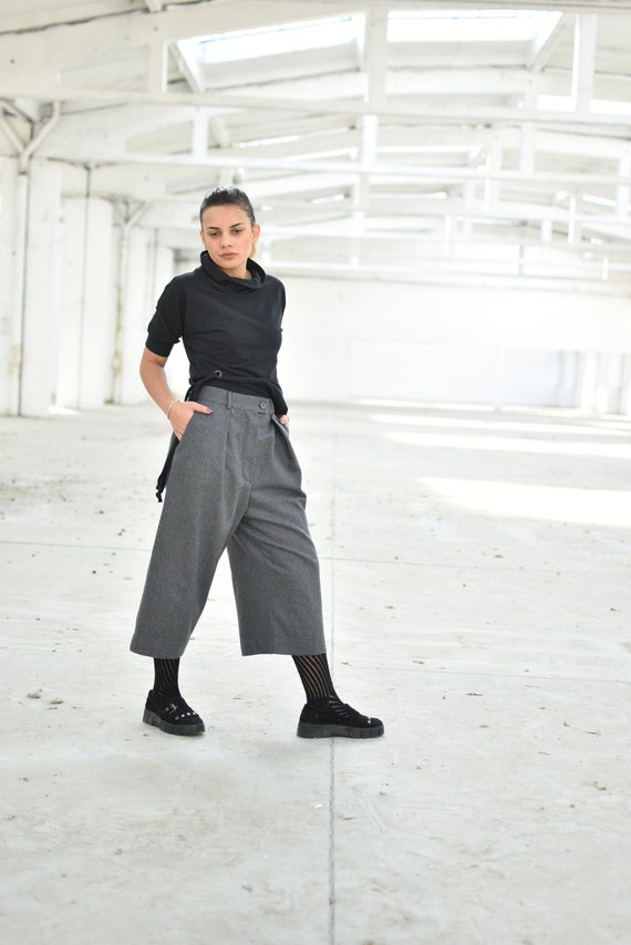 Elegant Women Wool Pants, Capri Trousers, Drop Crotch Pants, Wide