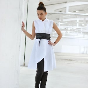 Linen Asymmetrical Top, Japanese Clothing, Summer Vest, Linen Tunic Top, Button Down Tunic, Linen Clothing, High Collar Top, Avant Garde image 4