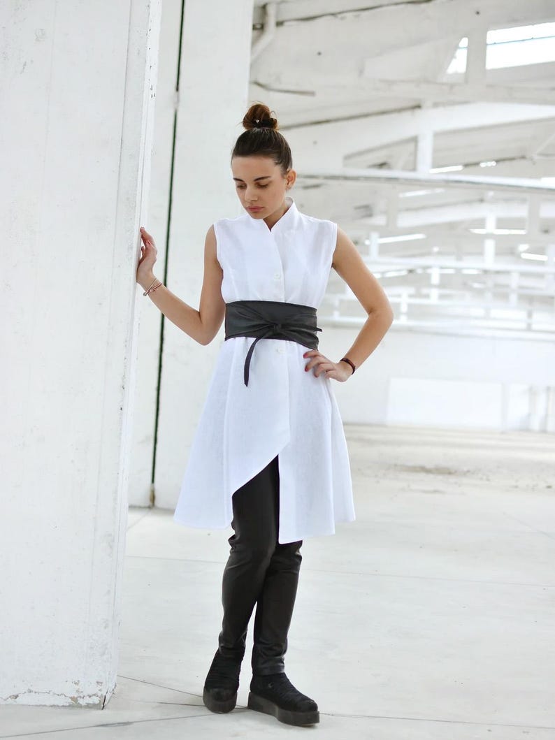 Linen Asymmetrical Top, Japanese Clothing, Summer Vest, Linen Tunic Top, Button Down Tunic, Linen Clothing, High Collar Top, Avant Garde image 4