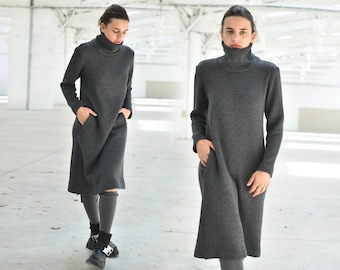 Minimalistische winterjurk met col, wollen jurk met lange mouwen, losse midi-jurk, warme casual jurk, plus size kleding, rechte jurk