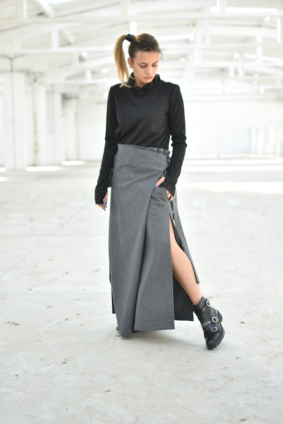 Women Wool Skirt, Gray Wrap Maxi Skirt, Winter Paper Bag Loose Skirt,  Graphite Wool Clothing, High Waist Split Skirt, Long Extravagant Skirt 