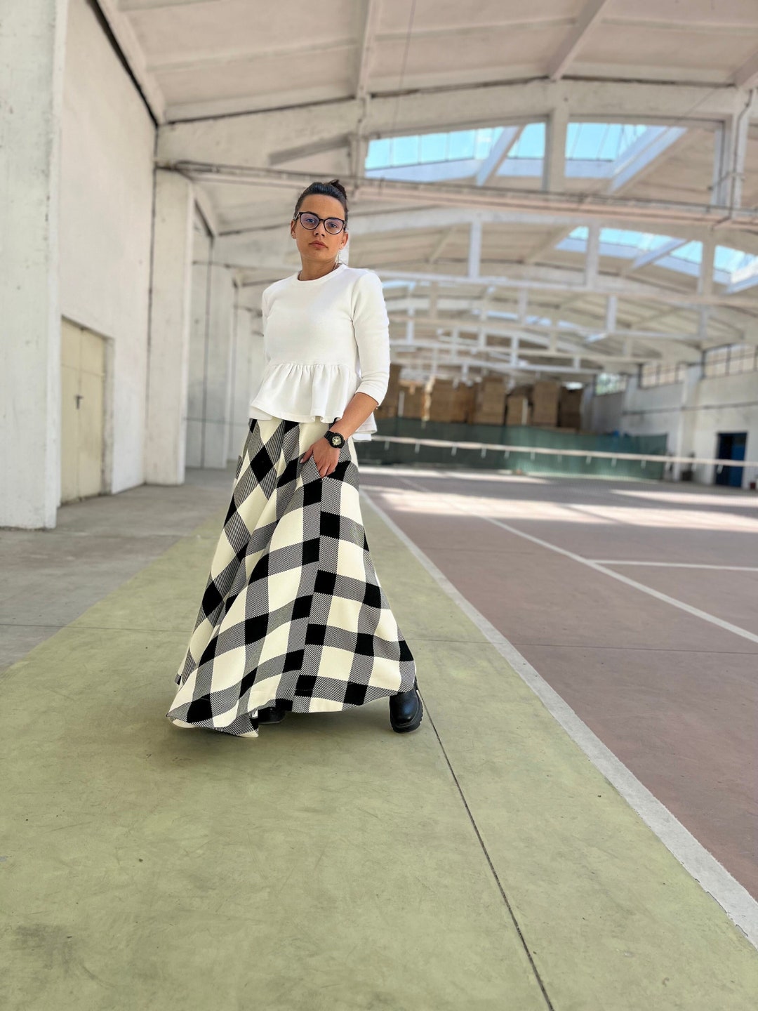 Checkered Skirt Plus Size White Skirt Hm Wool Plaid Skirt, Tartan