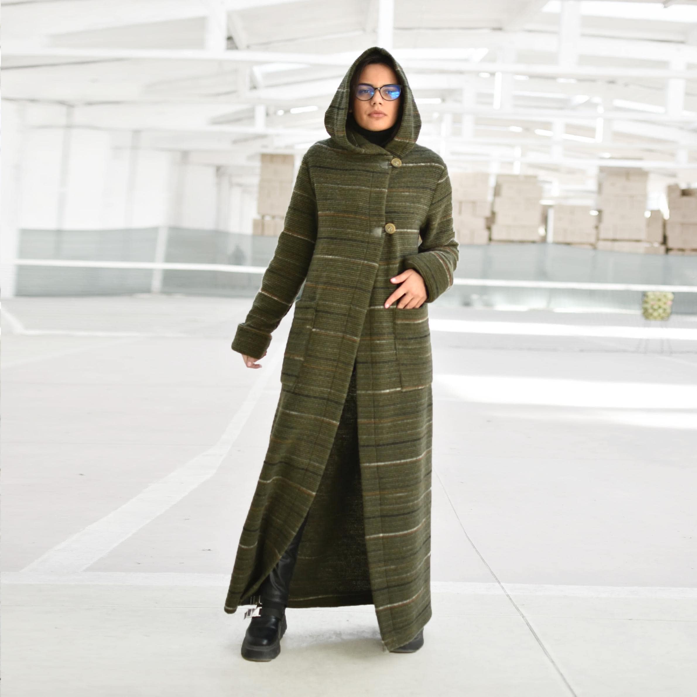 haunt ダークグリーン シャギー ロングコート Hooded Mohair Wool Cardigan Coat, Forest Green Longline Cardigan