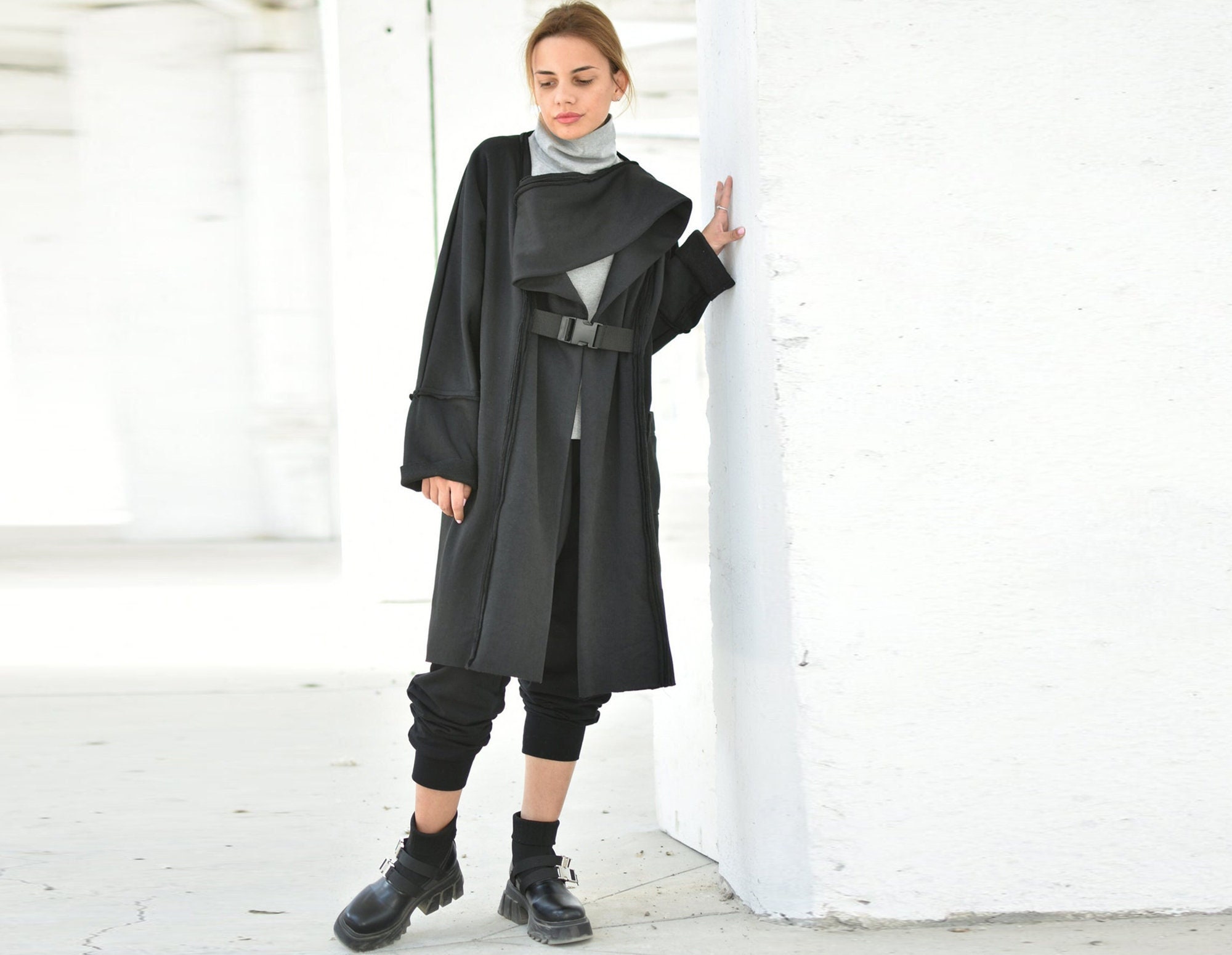 MyStyleM Winter Asymmetrical Cardigan with Belt, Extravagant Cardigan, Black Futuristic Cardigan, Steampunk Clothing, Oversized Cardigan, Plus Size