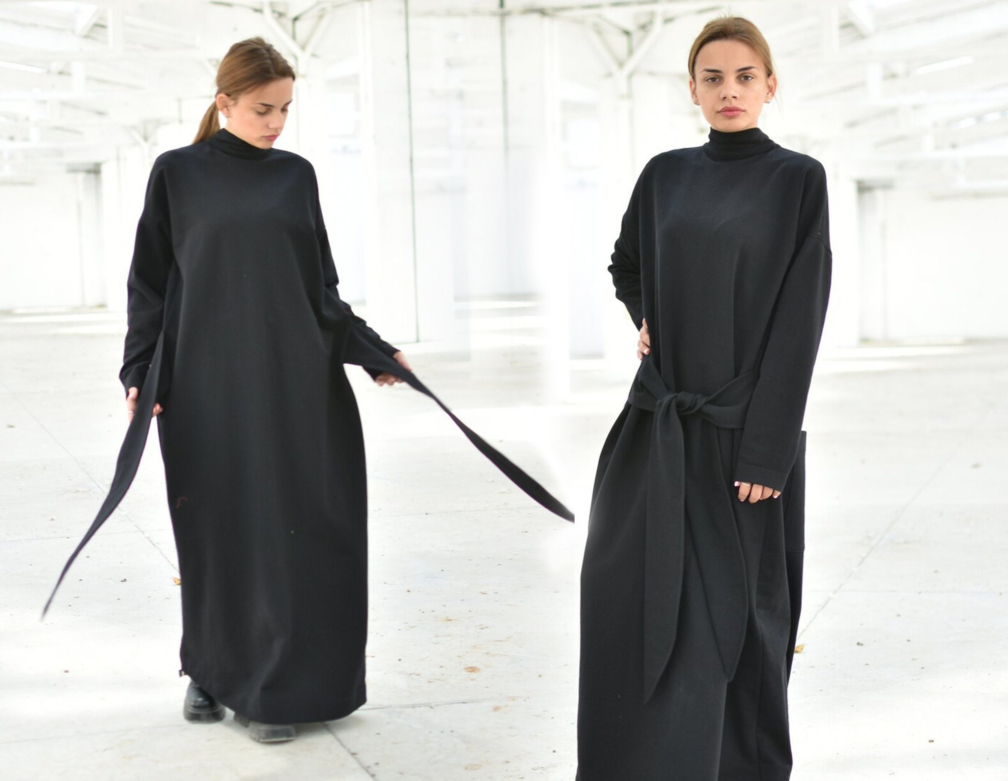 Winter Maxi Sweater Dress, Black Turtleneck Oversize Dress