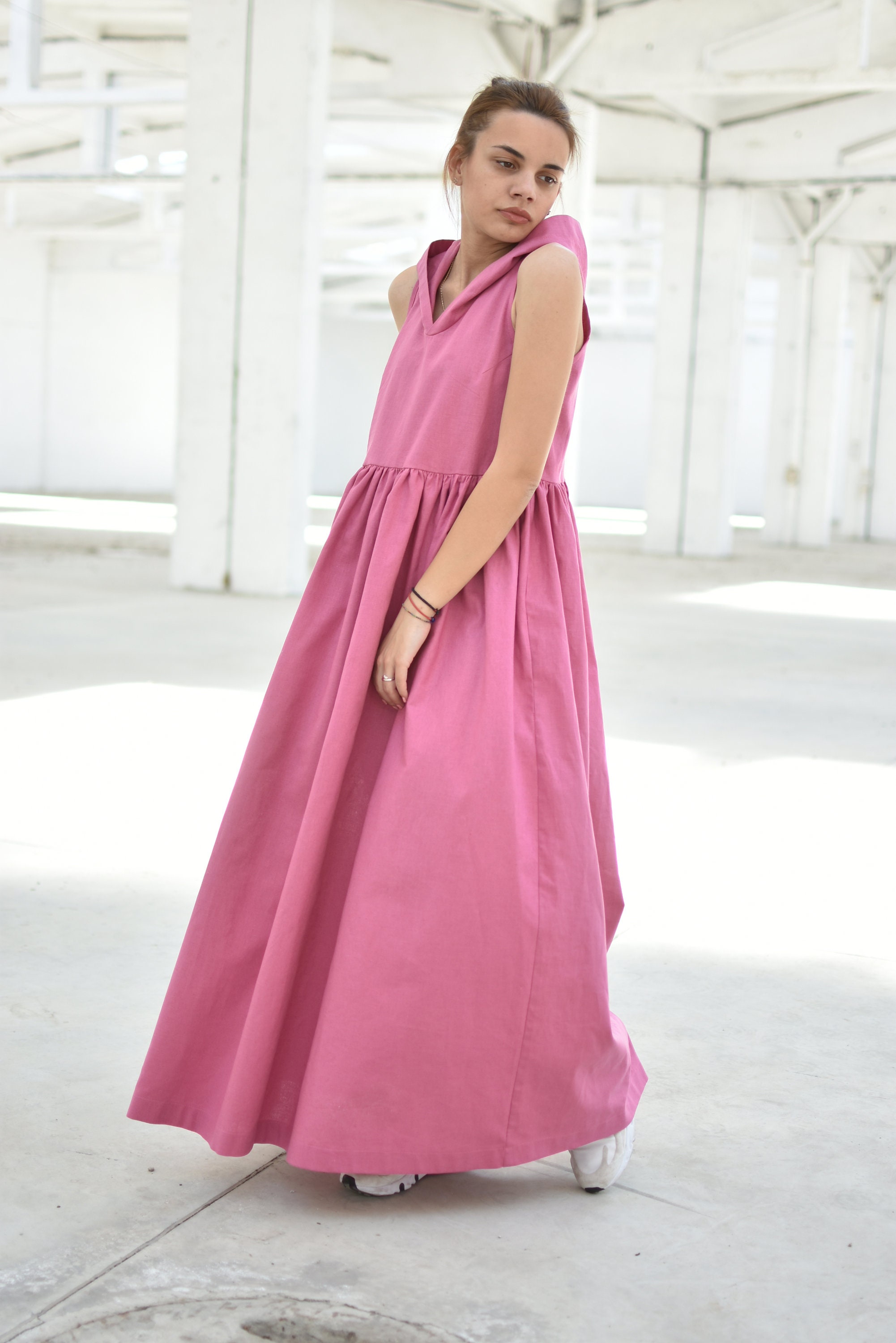 Pink Linen Hooded Maxi Dress with Pockets for Summer, Sleeveless Ankle Length Everyday Dress Women, Fit and Flare Tank Dress, Plus Sizes