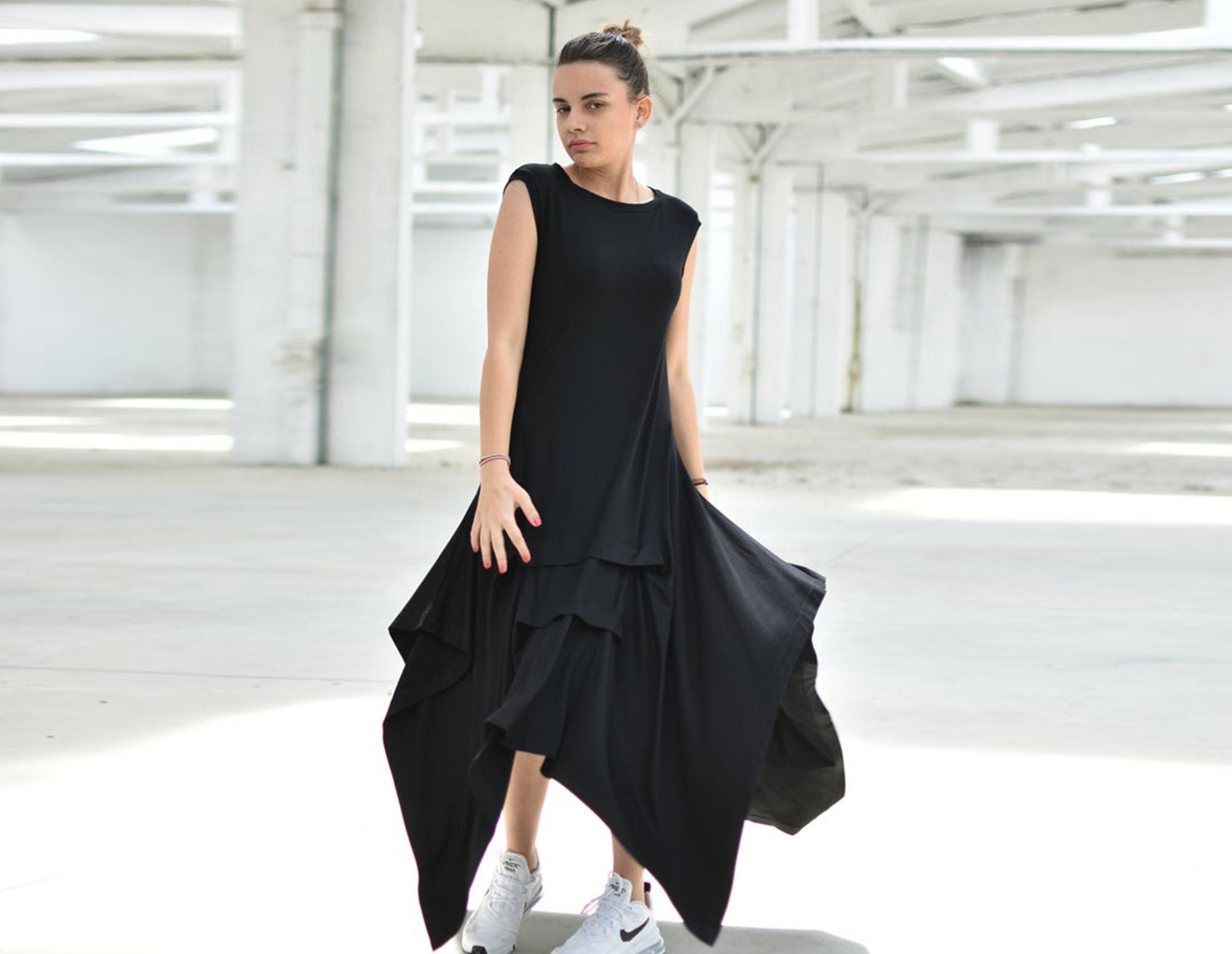 Avant Garde Clothing, Summer Black Asymmetrical Dress, Plus