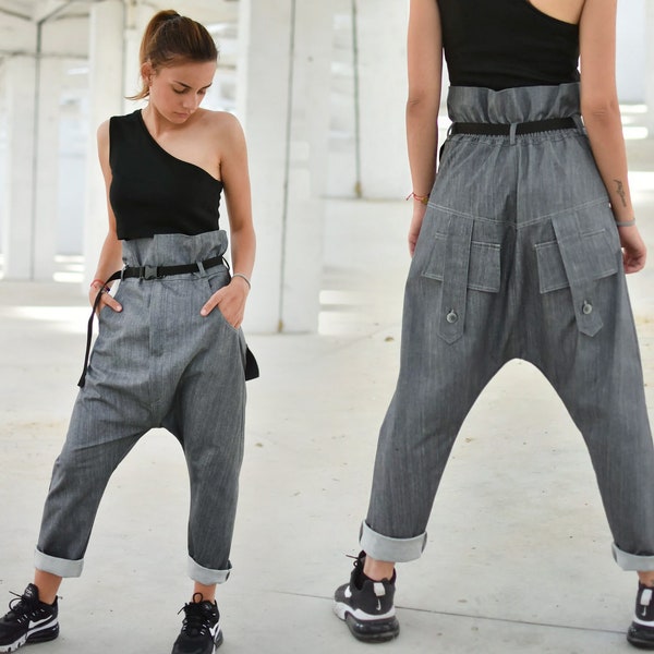 Denim Harem Pants, Extravagant Baggy Pants, Drop Crotch Pants, Funky Pants, High Rise Avant Garde Pants, Plus Size Womens Clothing