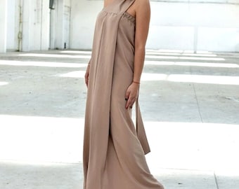 Summer Wedding Guest Dress for Women, Flowy Formal Maxi One Shoulder Dress, Elegant Satin Evening Gown in Beige Nude, Sizes XS-2XL