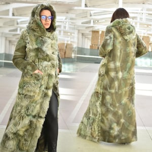 Faux Fur Warm Winter Coat, Hooded Long Overcoat, Plus Size Maxi Coat, Green Floor Length Coat, Fluffy Coat with Pockets image 1