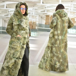 Faux Fur Warm Winter Coat, Hooded Long Overcoat, Plus Size Maxi Coat, Green Floor Length Coat, Fluffy Coat with Pockets image 1