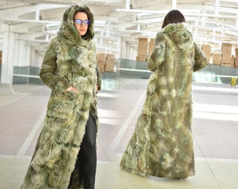 Faux Fur Warm Winter Coat, Hooded Long Overcoat, Plus Size Maxi Coat, Green Floor Length Coat, Fluffy Coat with Pockets