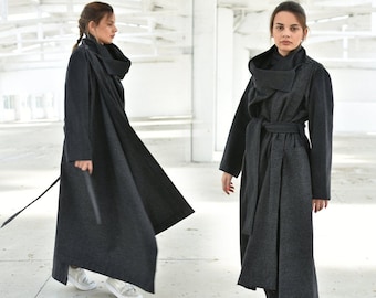 Extravagant Wool Coat, Asymmetrical Cardigan Coat, Merino Wool Overcoat, High Collar Winter Jacket, Cyberpunk Avant Garde Plus Size Clothing