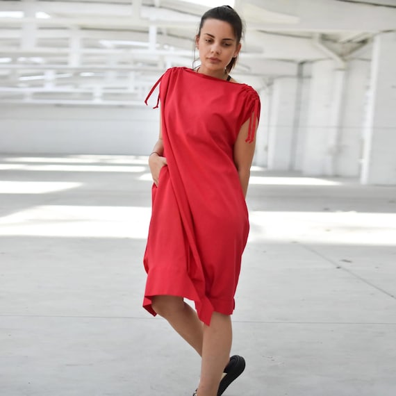 Red Linen Midi Sundress for Summer, Minimalist Flowy Sleeveless Cocoon Dress  With Asymmetric Hem, Plus Size Friendly - Etsy Israel