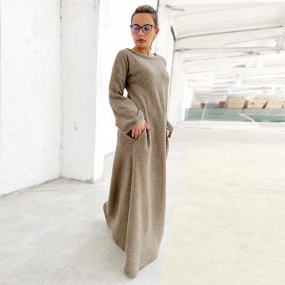 kimono sleeve knitted maxi dress Wool Winter Dress, Long Sweater Women, Loose Comfy Dress, Dress, Plus Size Dress, Floor Length Beige Chunky Dress Cotton kimono
