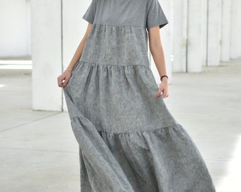 Gray Linen Flowy Maxi Dress with Short Sleeves, Summer Vacation Tiered Dress for Women, Relaxed Empire Waist Gown, Plus Sizes