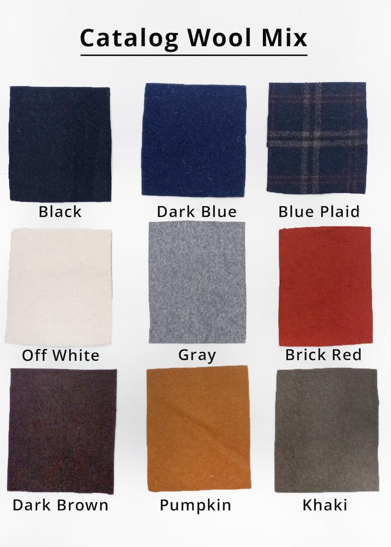 May include: Catalog of nine wool fabric swatches in various colors, including black, dark blue, blue plaid, off white, gray, brick red, dark brown, pumpkin, and khaki.