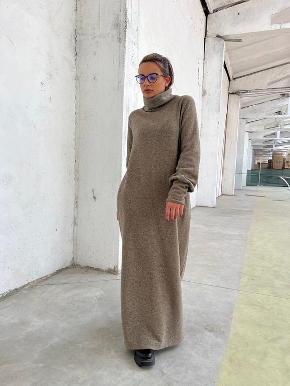 Wool Beige Turtleneck Dress, Winter Maxi Dress Women, Minimalist Sweater Dress, Warm Loose Dress, Plus Size Dress, Quiet Luxury Clothing