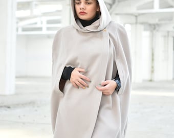 Women Cape Coat with Hood, Poncho Coat, Elegant Cloak Coat, Oversize Outerwear, Plus Size Clothing, Off White Coat for Fall Winter