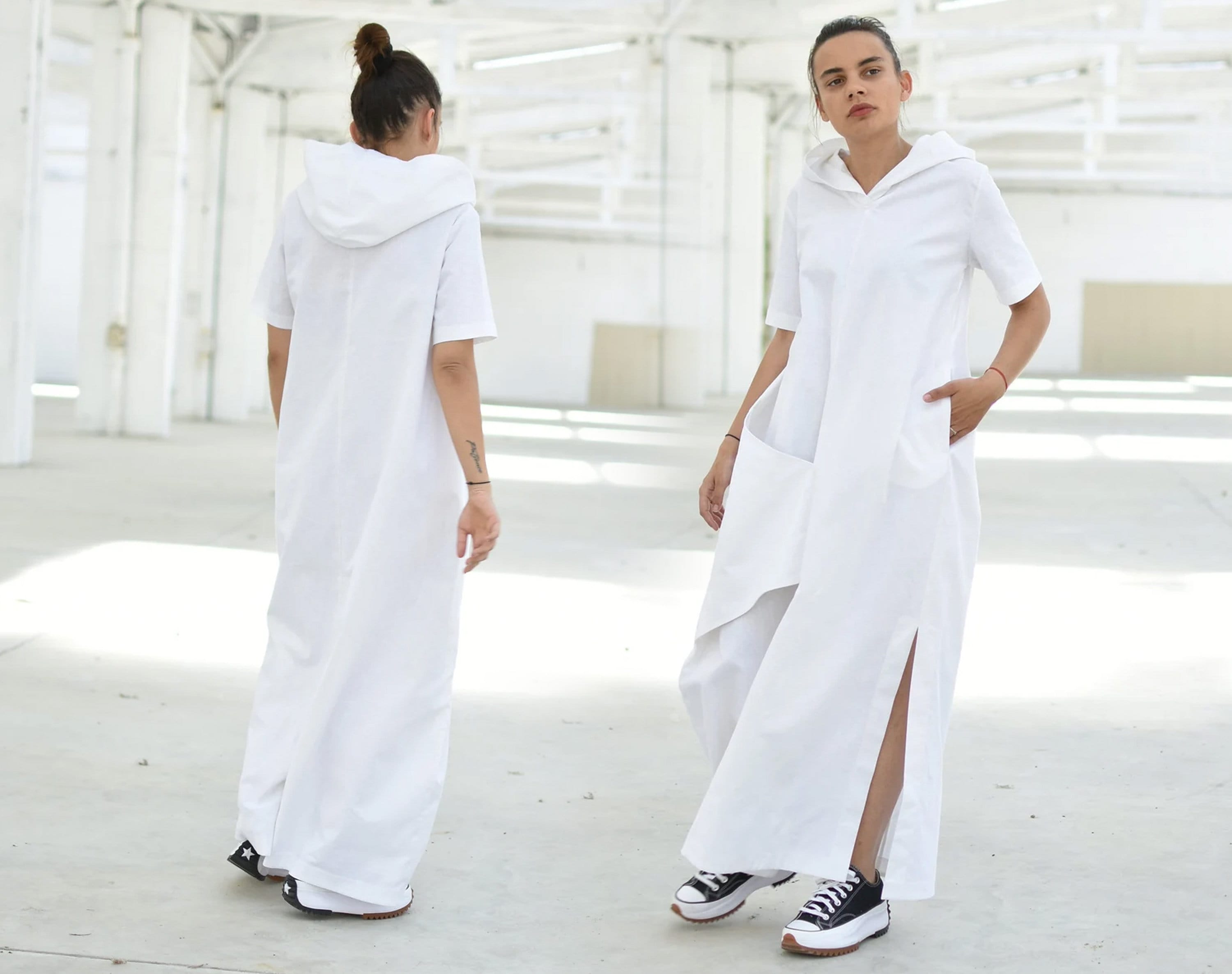 【関税込み】off-white Long hooded dress White Hoodie Sweatshirt Dress, Winter Hooded Dress, Winter