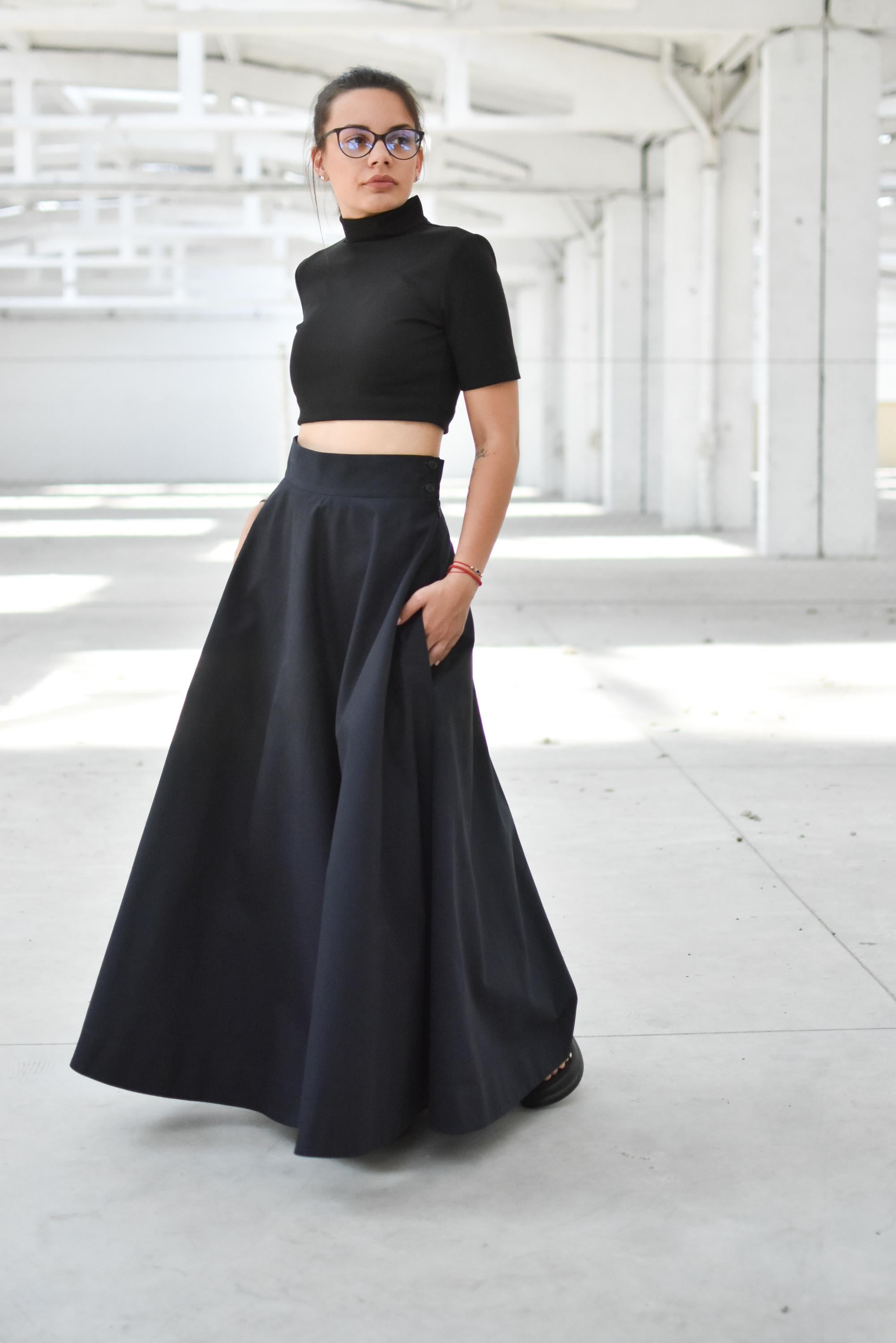 Beige High Waist Flare Maxi Skirt With Pockets, Long A-line