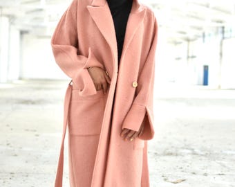 Women Pink Wool Coat, Minimalist Loose Urban Overcoat