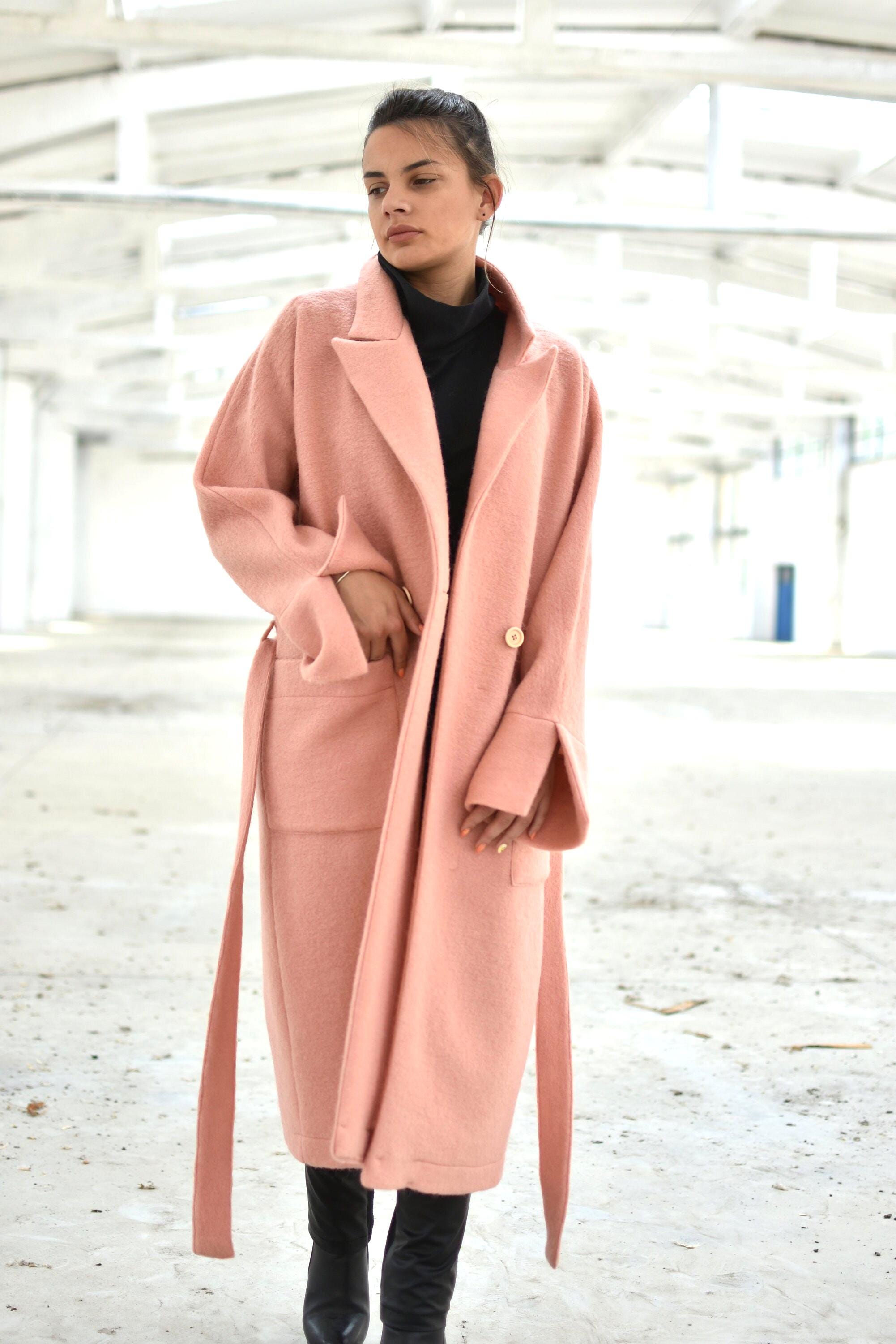 Women Pink Wool Coat, Minimalist Loose Urban Overcoat