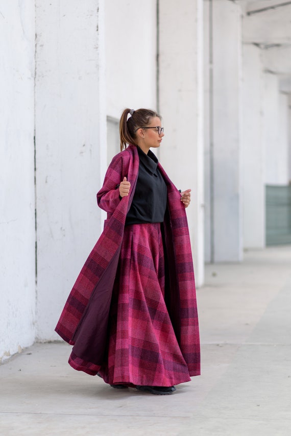 Wool Plaid Outfit Set of Skirt Cardigan Fuchsia Skirt Maxi Walking Skirt Pink Check Cardigan Plus Size Clothing Magenta Maxi Cardigan Etsy UK