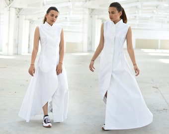 Robe en lin blanc, robe Maxi femme, robe asymétrique, robe chemise d'été, vêtements grande taille, robe minimaliste, robe boutonnée