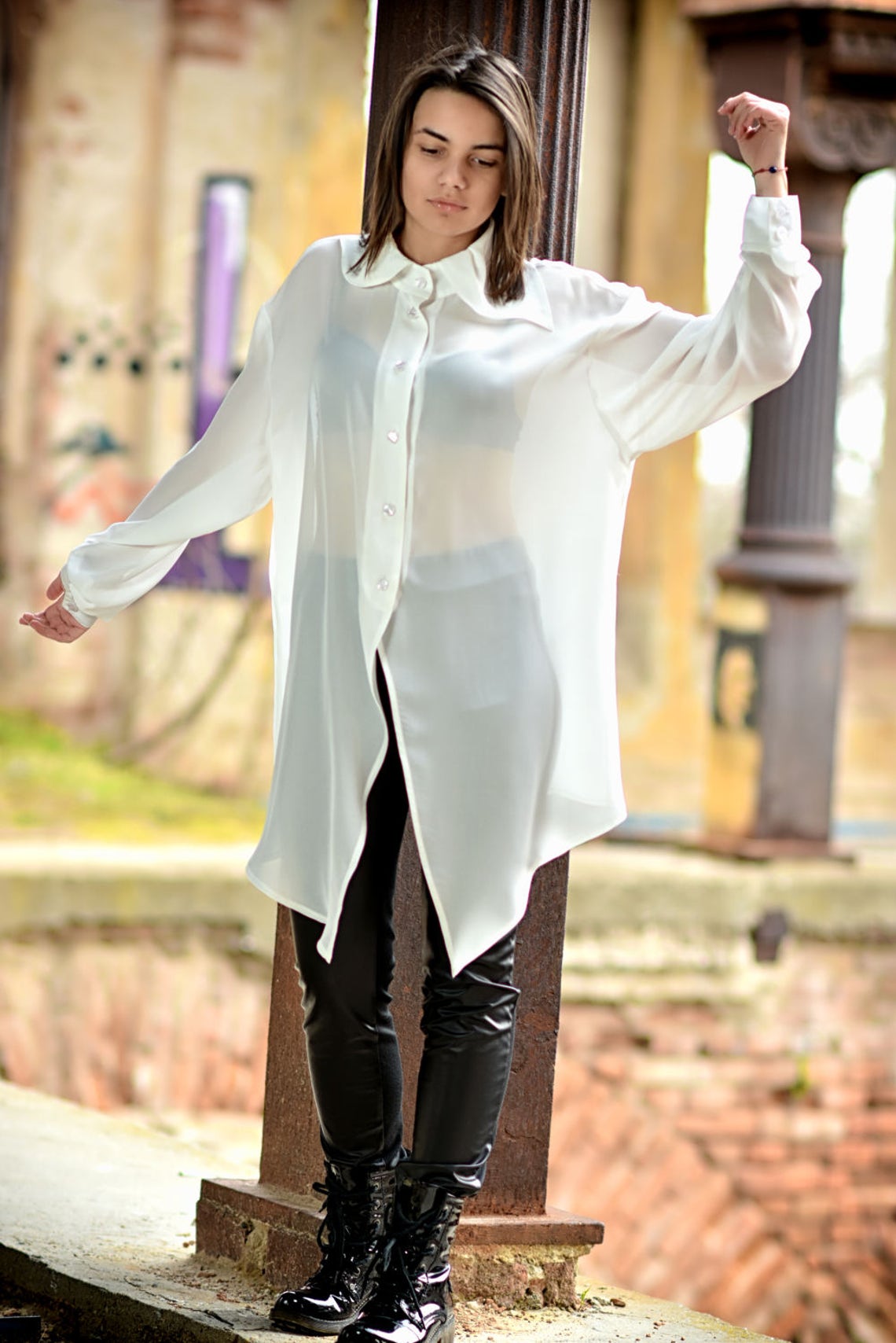 White Shirt See Through Top Asymmetric Tunic Collar Blouse Etsy