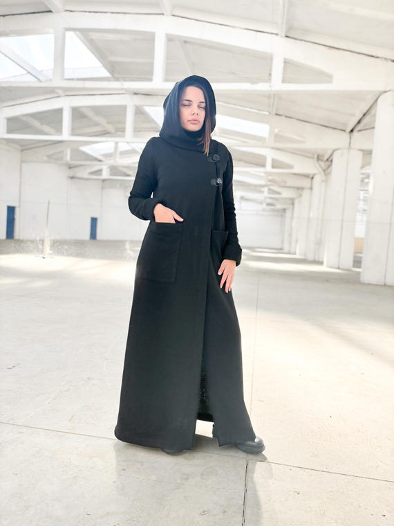 Cardigan in lana con cappuccio nero, cardigan lungo, coatigan da