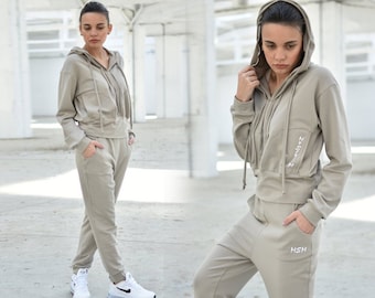 Workout Outfit, Set of 2, Drop Crotch Pants, Beige Hoodie, Back To School Outfit, Loungewear Women, Loose Pants, Gym Clothes, Activewear