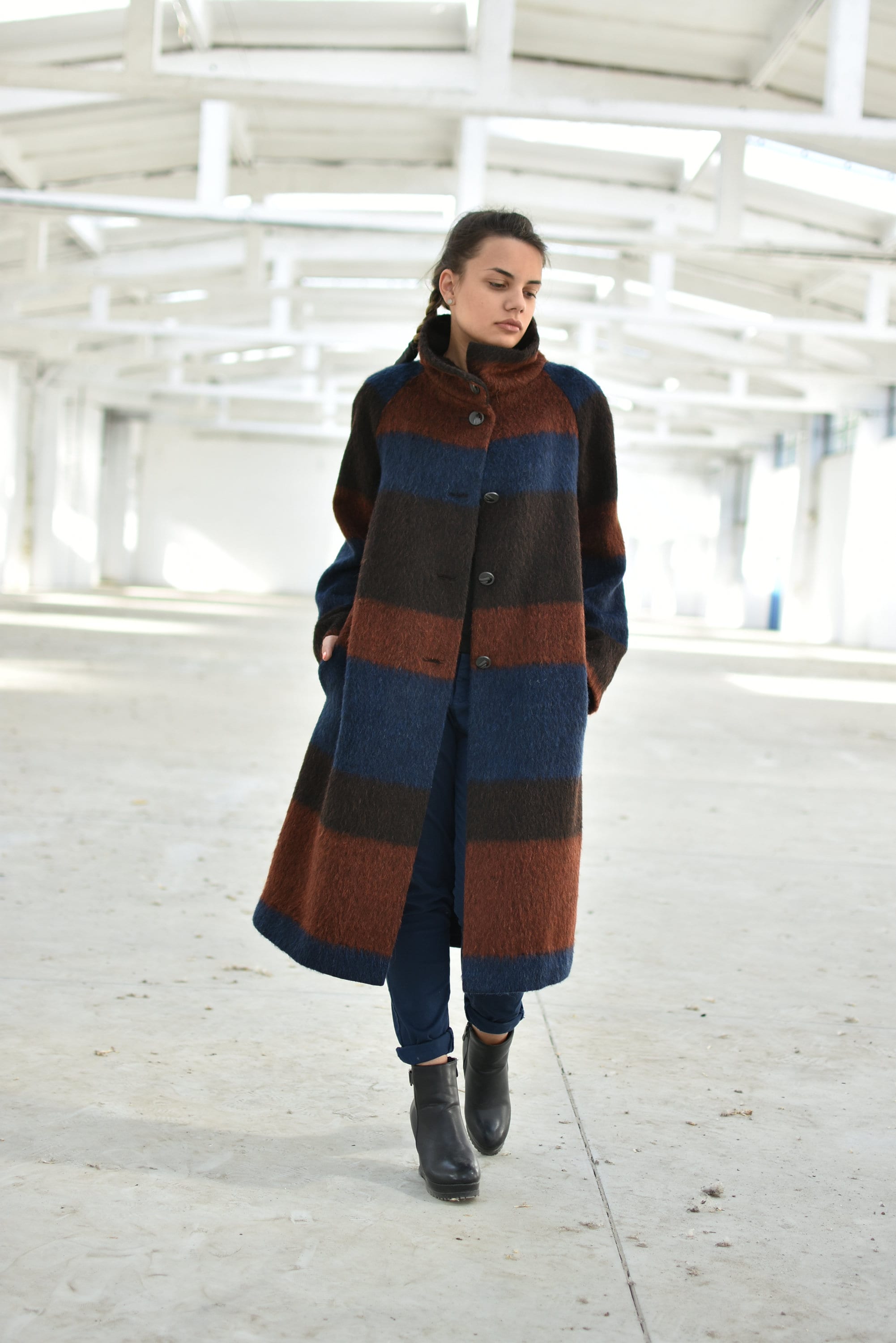 【DEVOA】Hight neck coat striped wool Elegant Funnel Neck Wool Long Coat, Striped Warm Winter Midi Women
