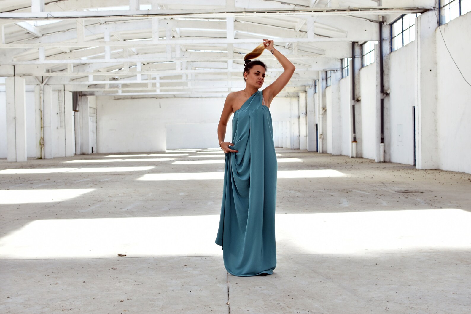 Elegant One-Shoulder Flowing Silhouette Dress Ocean Blue main image 1