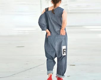 Denim Jumpsuit in Avant Garde Style for Women, Loose Fit Oversize Harem Romper, Baggy Drop Crotch Dungarees, Extravagant Futuristic Clothing