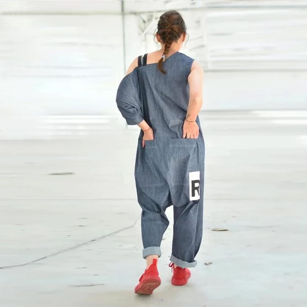 Denim Jumpsuit in Avant Garde Style for Women, Loose Fit Oversize Harem Romper, Baggy Drop Crotch Dungarees, Extravagant Futuristic Clothing