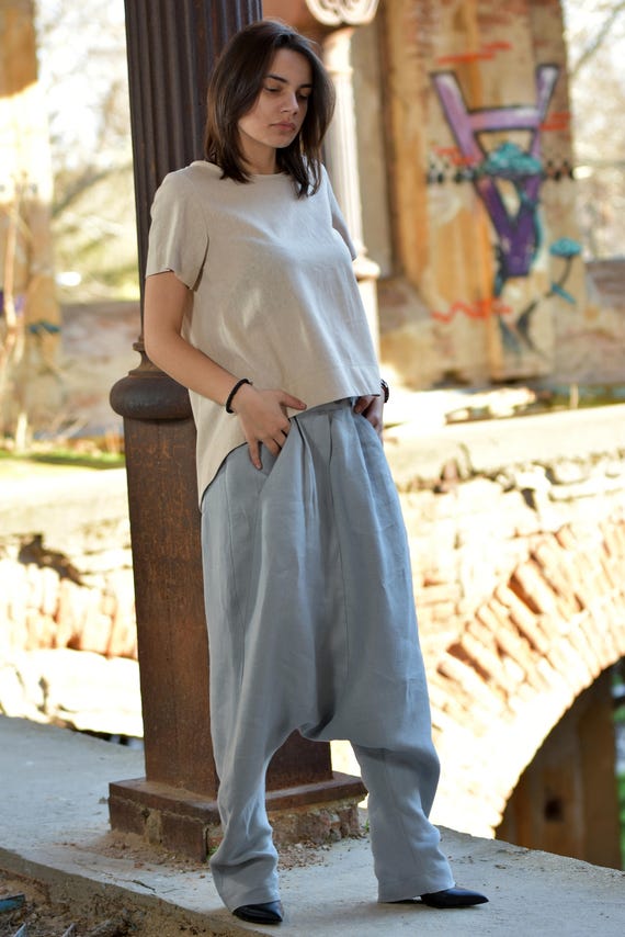 T/&T Harem Wide Leg Pants Loose Casual with Pockets Elastic Waist Drop Crotch for Lady