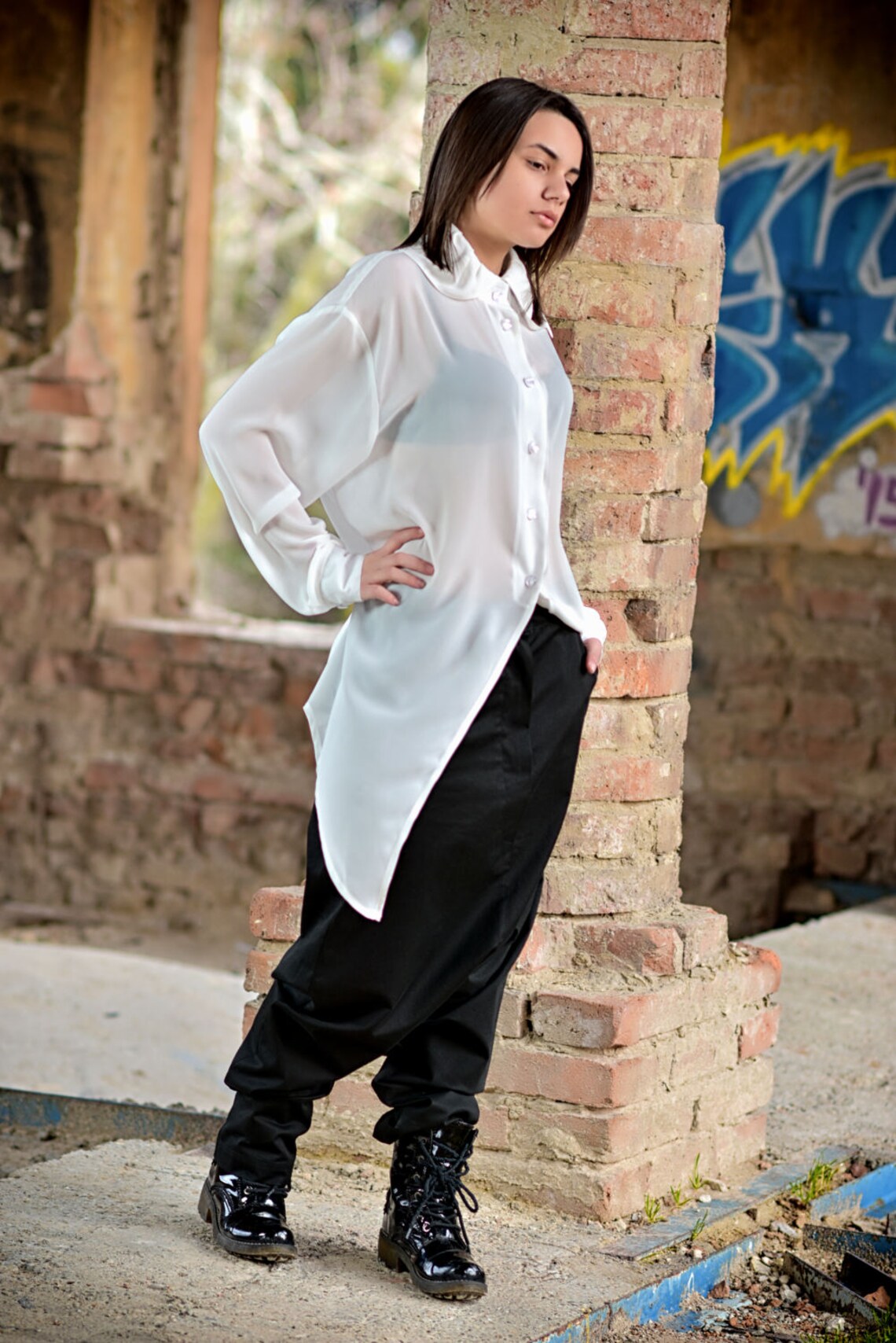 White Shirt See Through Top Asymmetric Tunic Collar Blouse Etsy