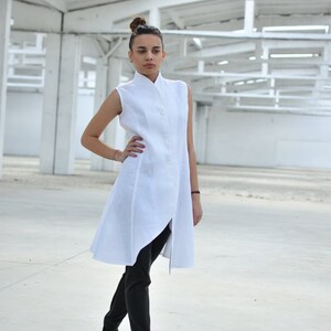 Linen Asymmetrical Top, Japanese Clothing, Summer Vest, Linen Tunic Top, Button Down Tunic, Linen Clothing, High Collar Top, Avant Garde image 2