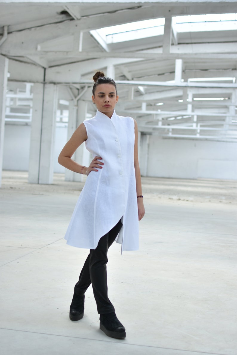 Linen Asymmetrical Top, Japanese Clothing, Summer Vest, Linen Tunic Top, Button Down Tunic, Linen Clothing, High Collar Top, Avant Garde image 2