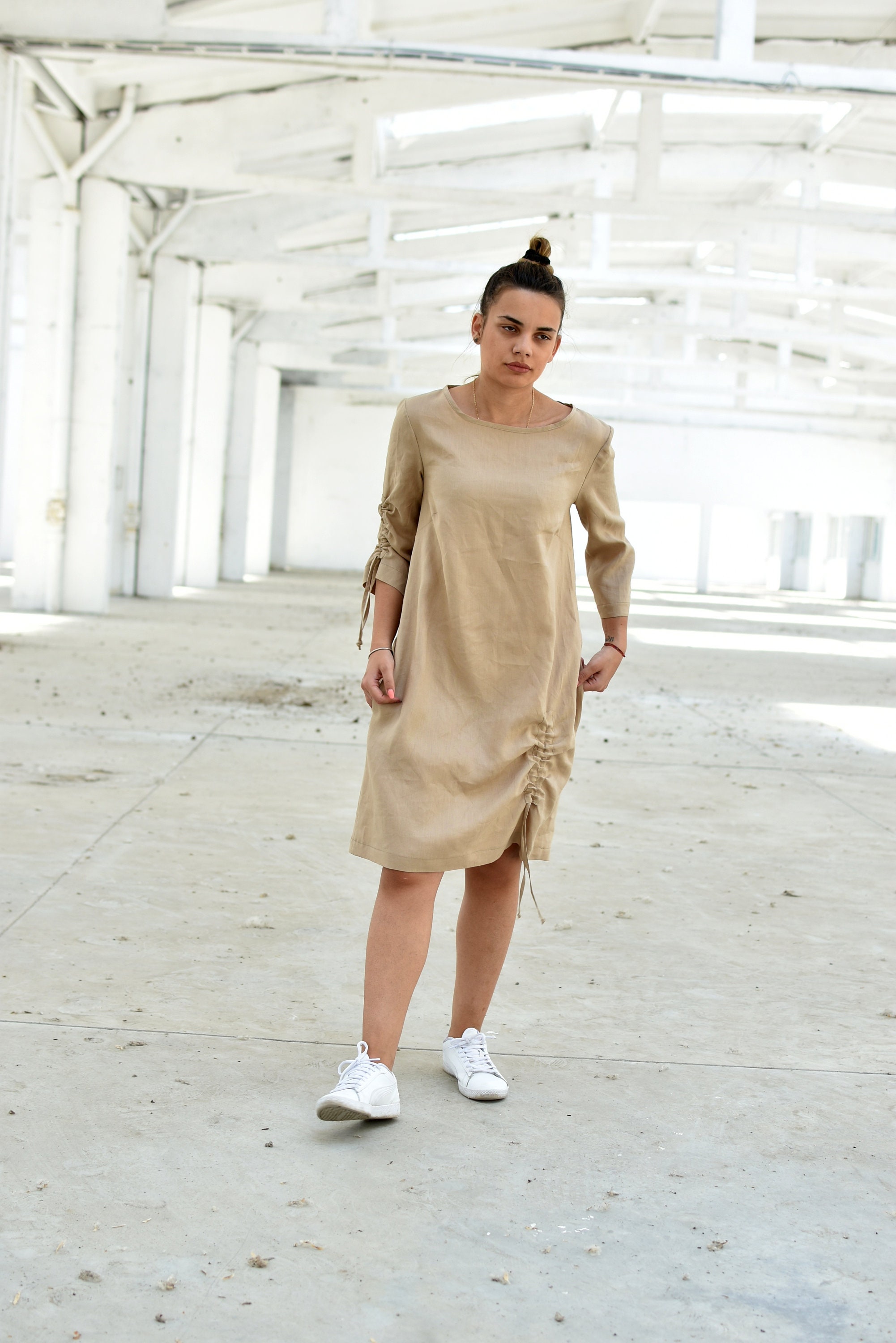 Beige Minimalist Summer Linen Dress With Long Sleeves, Midi Shift Dress  With Gather Tie Detail, Short Relaxed Dress for Women, Sizes XS-4XL - Etsy
