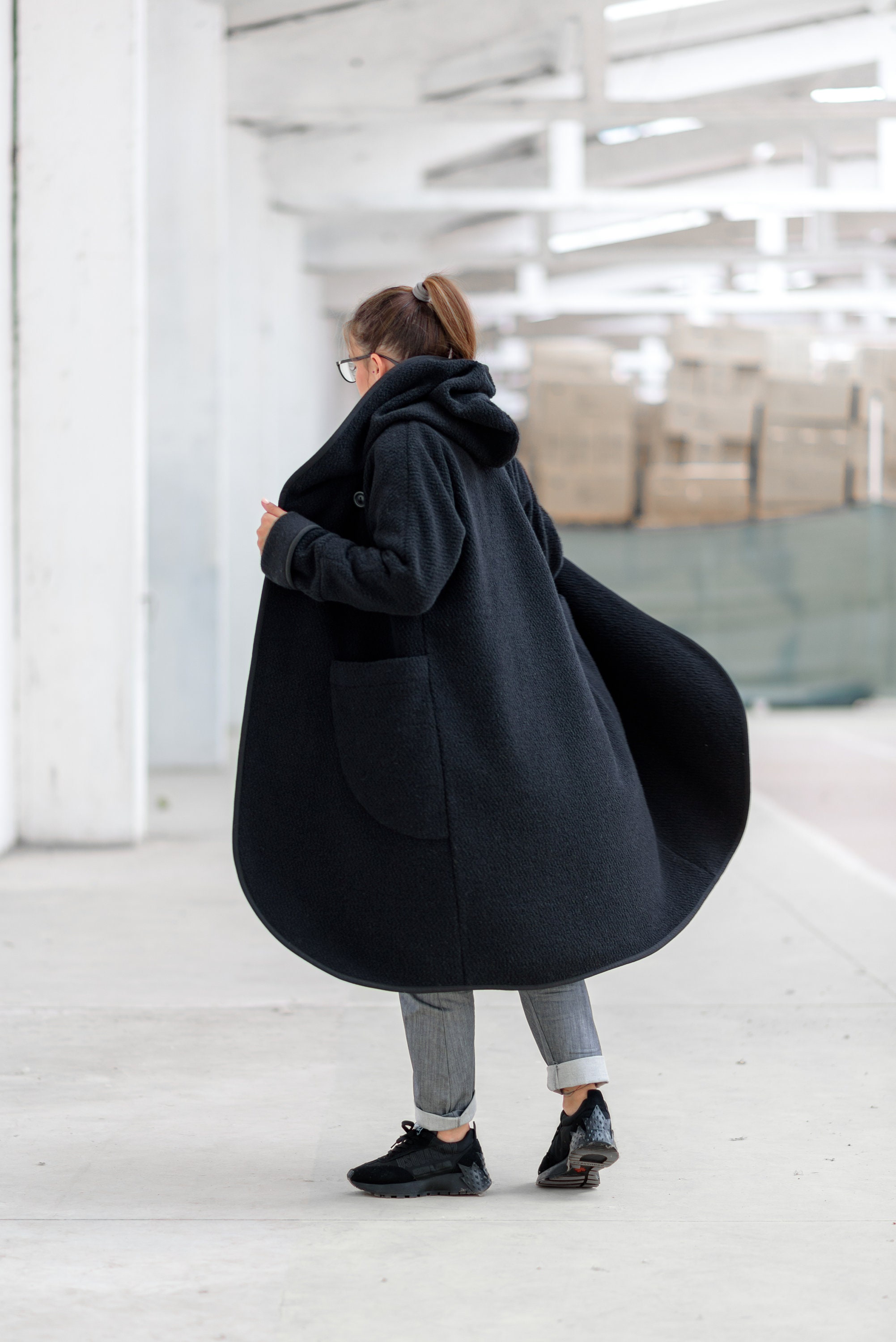 Wool Hooded Midi Coat, Winter Cardigan Coat, Black Mohair Cardigan