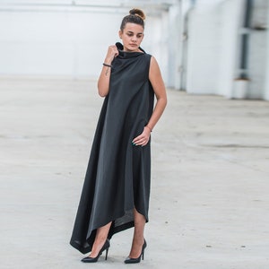 Linen Asymmetrical Dress With Pocket, Black Linen Dress, Collar Dress, Maxi Dress, Summer Loose Dress,Elegant Dress,Linen Clothing,Plus Size